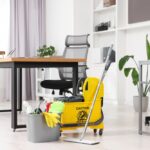 Cleaning,Service.,Mop,,Bucket,With,Supplies,And,Wet,Floor,Sign